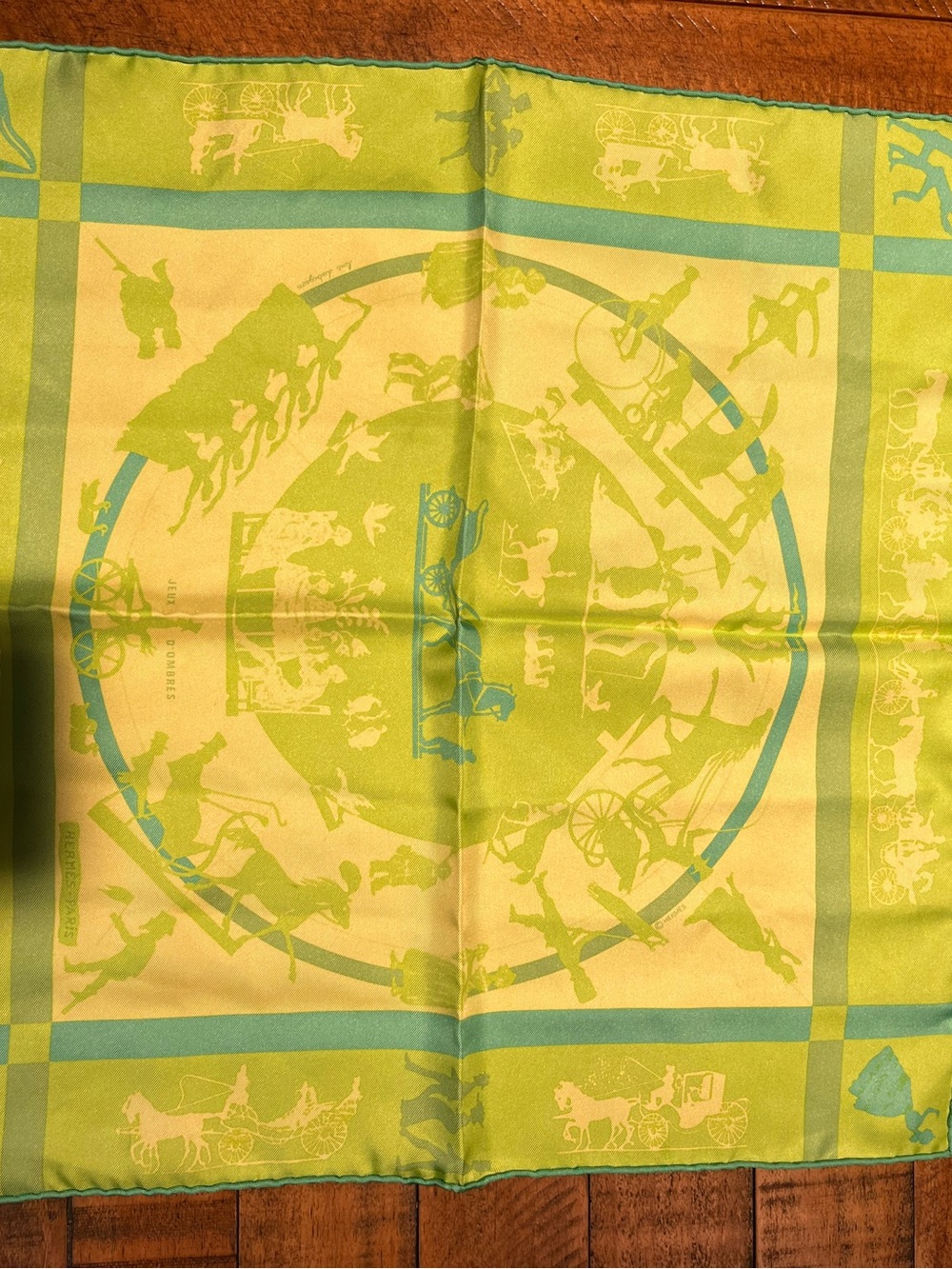 Vintage Hermes Gavrache “Jeux D’ombres” Lime & Mint Silk Neck Scarf - Picture 3 of 6